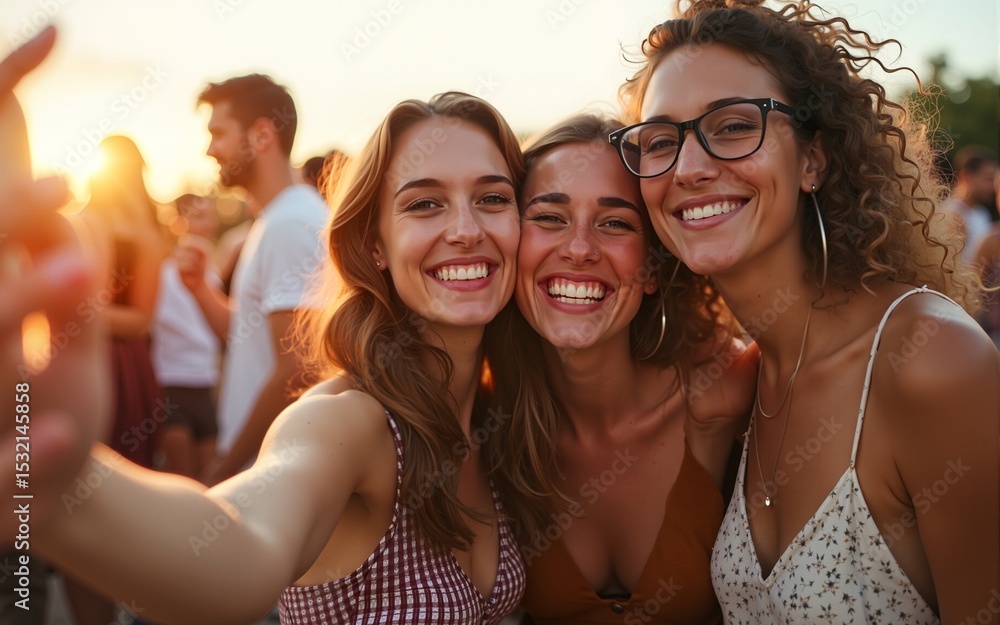 Friends taking selfie at outdoor party, sunlight at background. High quality Friends taking selfie at outdoor party, sunlight at background. High quality