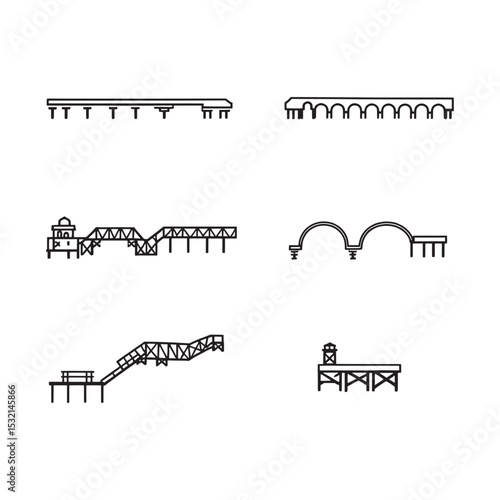 Stylized linear vector art of a pier with boats nearby