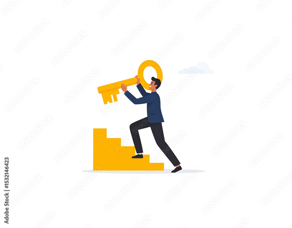 Man Ascending Stairs with Golden Key Achieving Success Cloud in the Sky Man Ascending Stairs with Golden Key Achieving Success Cloud in the Sky