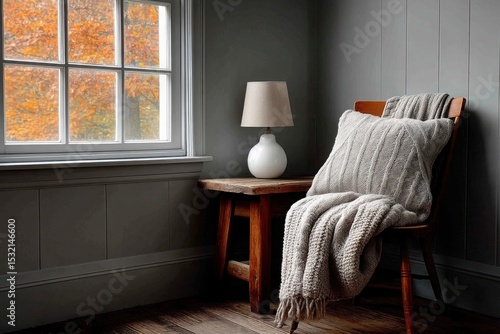 Wallpaper Mural Cozy corner with chair, blanket, and lamp beside window showcasing autumn foliage Torontodigital.ca