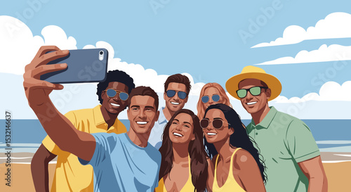 A lively vector illustration of a group of friends taking a selfie on a sunny beach, capturing joyful moments of their summer vacation together