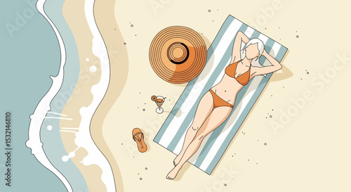 A relaxing summer beach vacation vector illustration: Woman in bikini and hat sunbathing on a towel with a refreshing drink. Perfect for sunny getaways