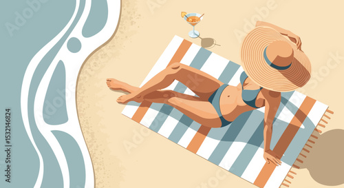 A relaxing summer beach vacation vector illustration: Woman in bikini and hat sunbathing on a towel with a refreshing drink. Perfect for sunny getaways