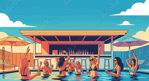 A lively vector illustration captures women celebrating a vibrant summer pool party with drinks, epitomizing fun and relaxation on vacation