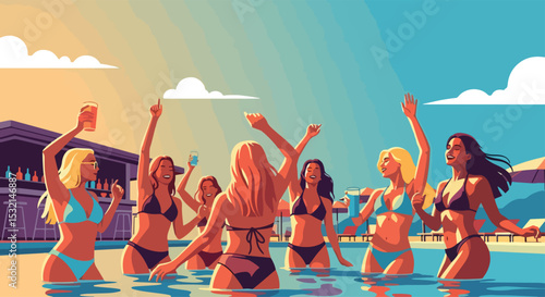 A lively vector illustration captures women celebrating a vibrant summer pool party with drinks, epitomizing fun and relaxation on vacation