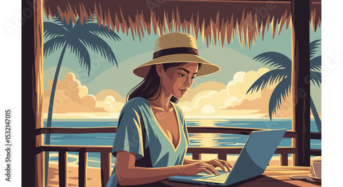 A vibrant vector illustration of a woman working on her laptop from a beach hut, blending remote work with a summer vacation. Perfect for digital nomad themes