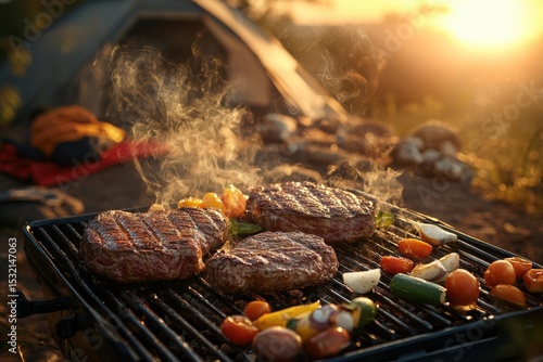 Wallpaper Mural Grilling burgers and vegetables during a sunset camping trip by a tent in the wilderness Torontodigital.ca