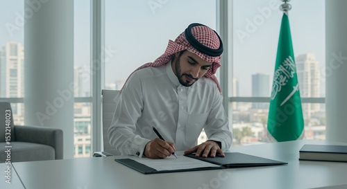 Arab Businessman Signing Important Documents in Modern Office