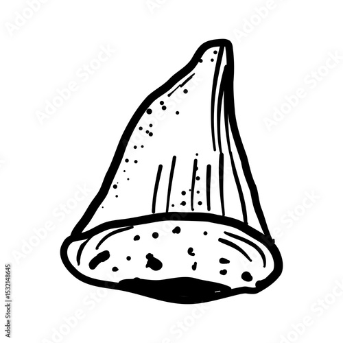 Shark tooth sketch tattoo, megalodon line doodle sharp silhouette. Jaw teeth fossil, textured retro symbol. 