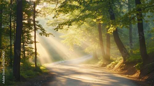 Sunlit forest path with golden rays through trees, a serene nature escape