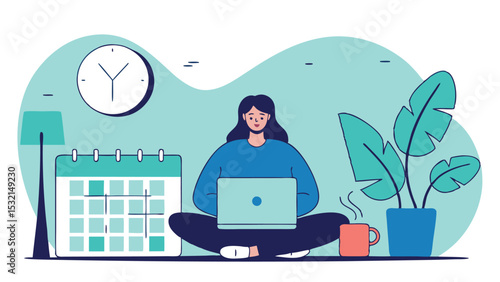 A woman in a meditation pose sits with a laptop among office objects. She maintains calm and balance between work and personal life.