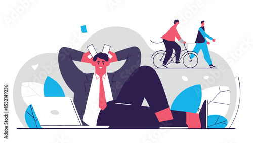 A corporate manager is drowning in a pile of transport bills in a panic. In the background, employees find a creative way to save money - carpooling on a bicycle.