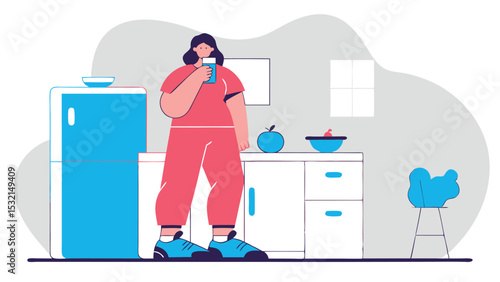 A slim woman enjoys a healthy smoothie in a bright and cozy kitchen. She adheres to a healthy diet and a healthy lifestyle.