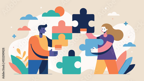 Abstract figures of people connect puzzles, symbolizing cooperation and unity. The color palette is made in soft pastel and neutral tones, creating a warm and friendly atmosphere.