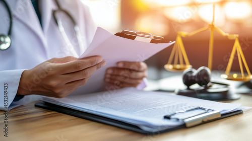 Distressed doctor holding legal documents with worried expression, symbolizing medical lawsuit stress and legal challenges in healthcare profession.