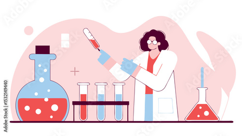 A female scientist conducts a laboratory study, carefully using a test tube to work with a chemical liquid. Laboratory instruments and glass containers are visible in the background.