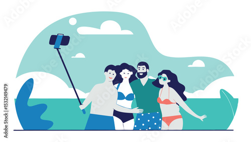 A group of friends taking a cheerful selfie on the beach during their summer vacation. In the background there is a sandy shore, blue sky and sea waves