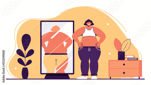 A plump woman stands in front of a mirror at home. She looks at her reflection with anxiety, demonstrating her struggle with her weight and her own emotions.