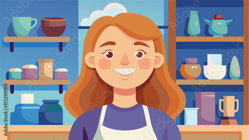 A young female ceramicist with a warm smile stands in her cozy workshop. Beautiful clay products are arranged around her, creating an atmosphere of creativity and comfort.