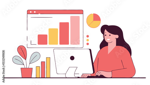A young woman immersed in her work, studying analytics on a computer at her workplace. She is focused and professional, dressed in casual clothes in a modern office setting.