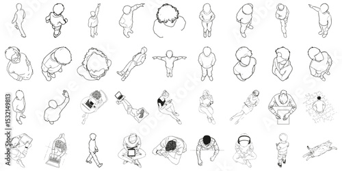 People Outlines In Various Positions From Black Lines Isolated. Men, Women, And Children Walking, Sitting, Using Devices. Isometric View. Isolated Vector Illustration