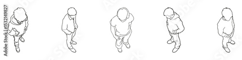 People Outlines From Top View In Isometric Perspective. Standing Men And Women Line Collection. Architectural And Design Use. Isolated Vector Illustration
