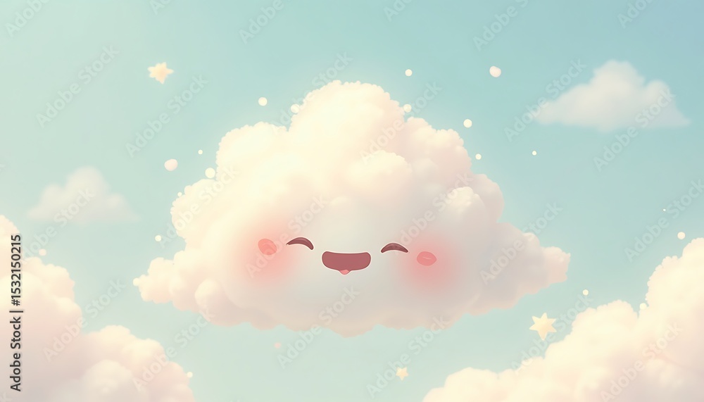 Obraz premium Illustration of fluffy cloud with a smiling face in cartoon style.