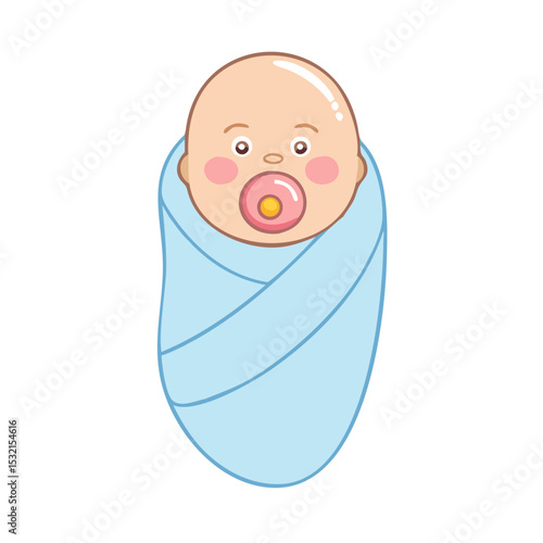 Minimalist black outline vector icon of a swaddled newborn baby with pacifier, symbolizing infancy, care, and comfort in a clean and simple design