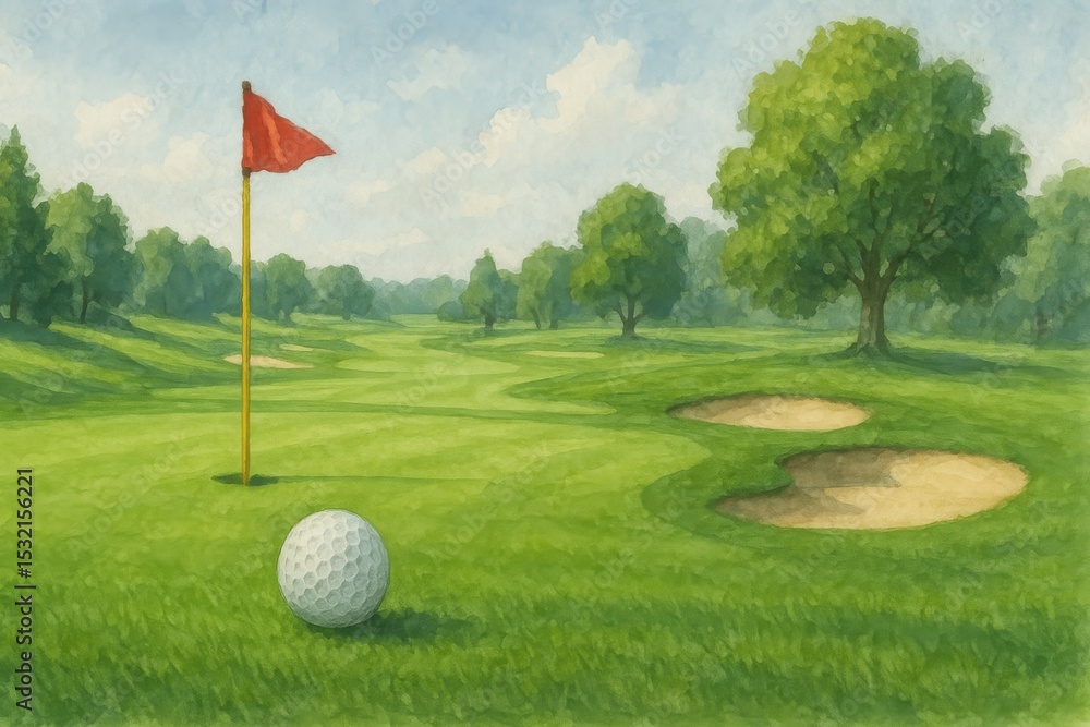 Obraz premium Watercolor Golf Ball and Flag on Lush Course Hand-Drawn Illustration of Green Landscape