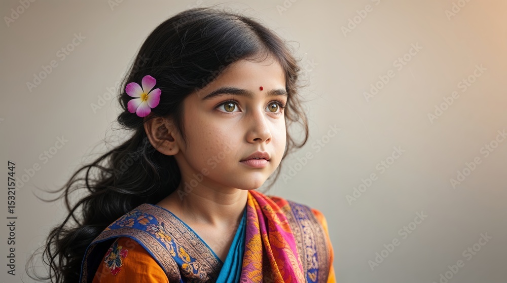 Young girl in traditional attire gazing thoughtfully with a flower in her hair during a serene moment Young girl in traditional attire gazing thoughtfully with a flower in her hair during a serene moment