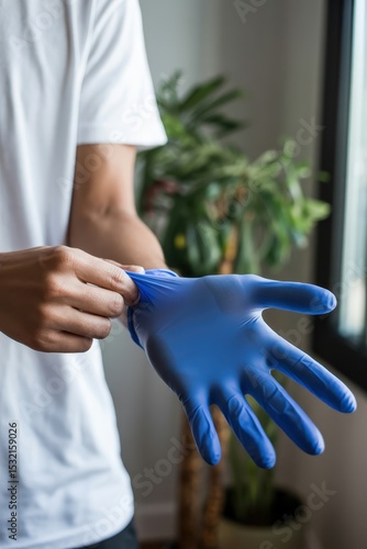 Wallpaper Mural Person putting on blue nitrile gloves. Torontodigital.ca