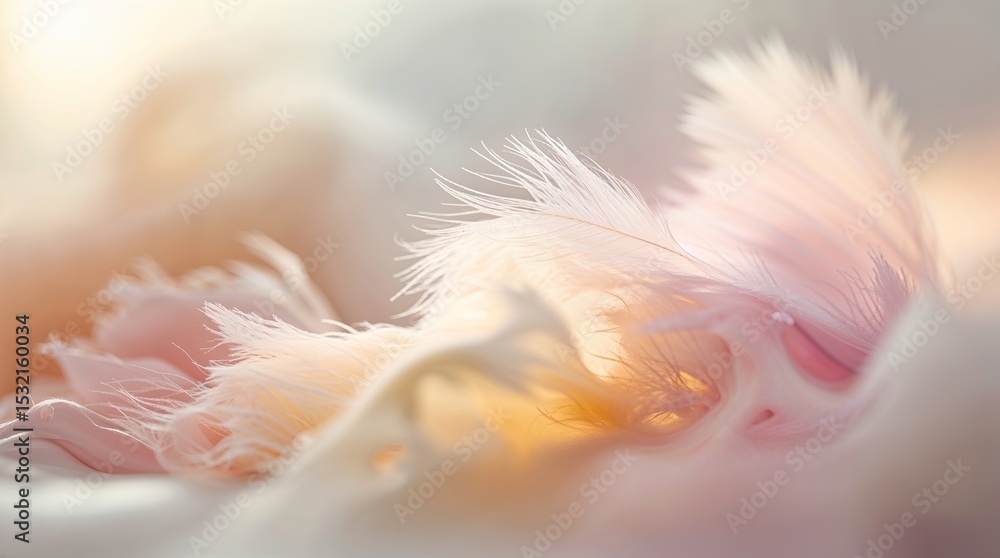 Fototapeta premium Soft pastel feathers resting on a delicate fabric background illuminated by warm sunlight in a serene setting
