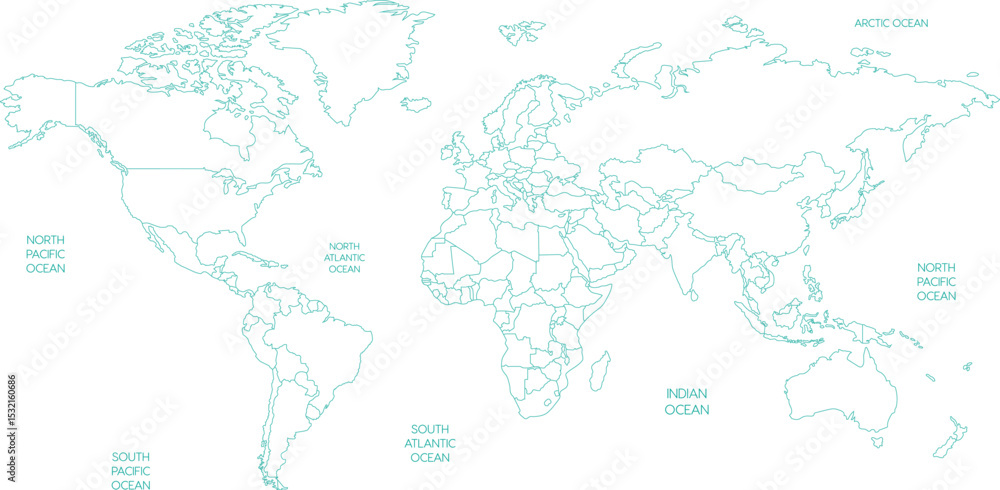 Naklejka premium Outline World Map with Oceans Vector Illustration