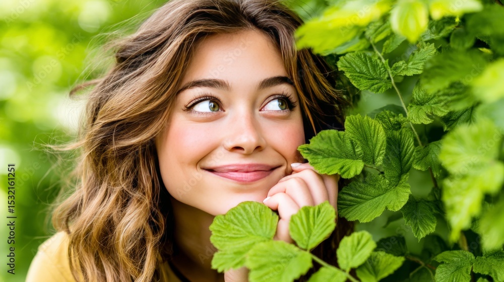 Young woman with wavy hair smiling and looking to the side among lush green leaves Young woman with wavy hair smiling and looking to the side among lush green leaves