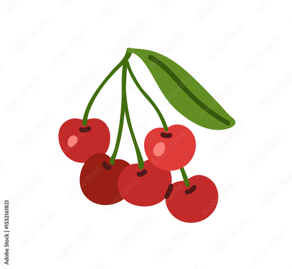 Obraz premium Ripe cherry branch icon. Fruit tree twig with red sour berries and leaves. Fresh farm food, orchard crop, garden harvest for healthy eating. Flat isolated vector illustration on white background