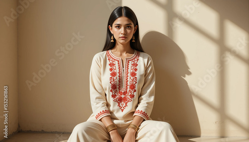Timeless Grace: A woman, dressed in embroidered ethnic attire, sits gracefully. Bathed in soft sunlight
