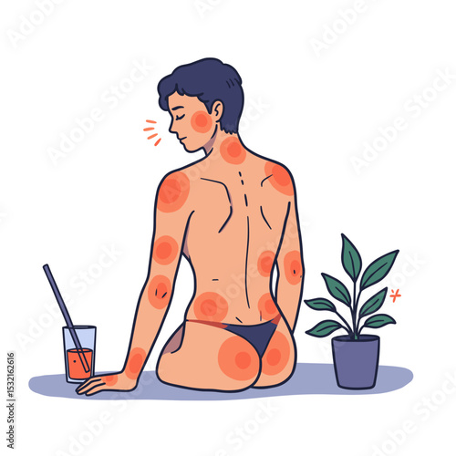 Young man sitting with skin condition and plant beside drink  