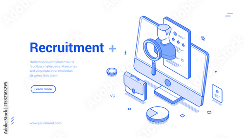Recruitment theme showcasing a computer screen, a magnifying glass, and various job application icons. Modern design represents digital hiring. Isometric line banner