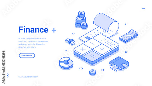 Modern isometric line banner illustrating various financial elements including a calculator, currency notes, and coins. It highlights a clear focus on finance.