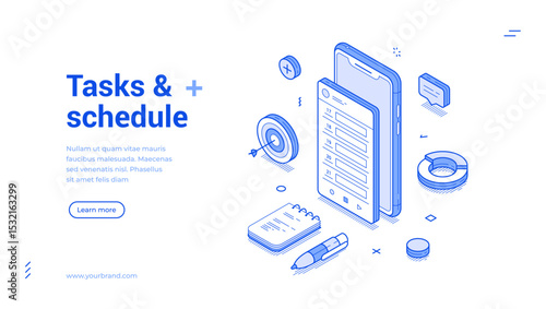 Tasks and scheduling through various icons such as a phone, notepad, and charts, showcasing a modern approach to organization and productivity. Isometric line banner template