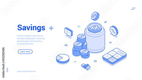 Isometric line illustration highlighting savings concepts, including a jar, coins, and a calculator. It effectively communicates financial planning and budgeting ideas.