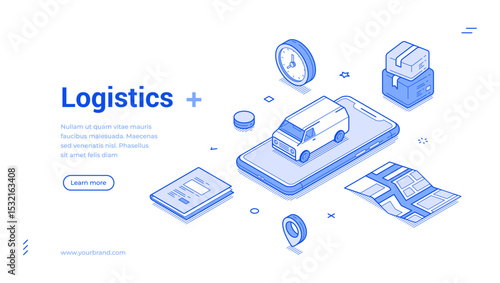 Modern isometric line illustration depicting logistics concepts. It includes a delivery van, smartphone, packages, and a clock, highlighting efficient supply chain management.