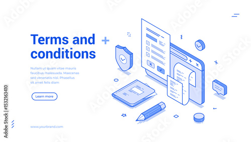 Isometric line banner presents vital terms and conditions in a clean and modern format. It features various icons and elements designed to enhance user understanding and experience.