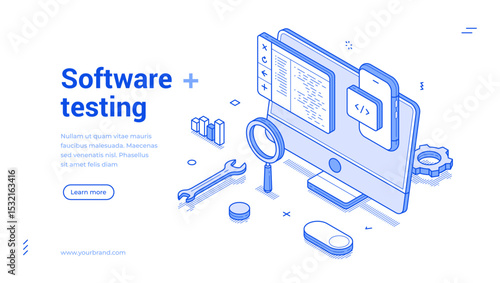 Isometric line banner that highlights software testing tools including a computer screen, mobile device, and various icons.