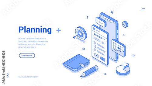 Isometric line illustration showcases various planning elements, including a smartphone, checklist, calendar, and other tools essential for effective organization and time management.