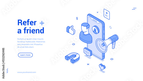 Banner features isometric elements focusing on friend referrals. A smartphone displays user profiles, promoting sharing and engagement through social connections and modern design.