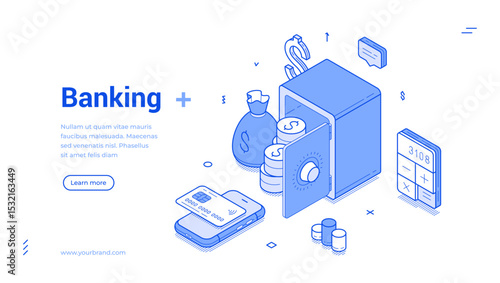 Isometric line banner showcases essential banking elements including a safe, cash, and financial tools. It highlights the simplicity and efficiency of modern banking solutions for users.