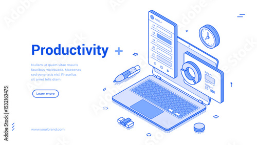 Isometric line banner elements focusing on productivity concepts. It highlights a laptop, clock, and various icons to represent organization and efficiency in work settings.