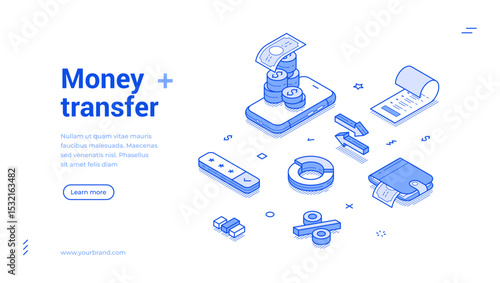Isometric line banner illustrates the process of money transfer, featuring stacks of coins, a digital wallet, and transaction symbols. It showcases modern financial technology.
