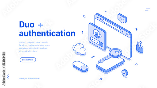 Modern isometric banner focused on dual authentication, featuring a user interface with icons for verification. It emphasizes security in online access.